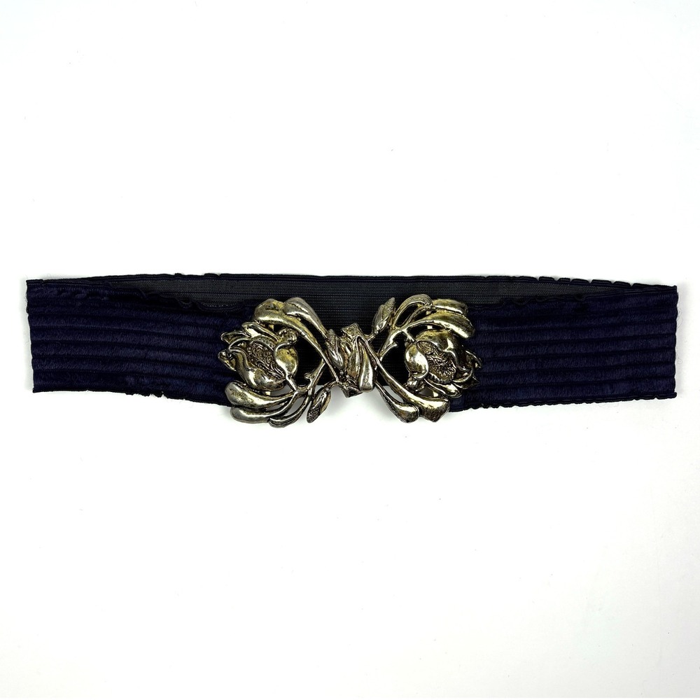 VTG 80s Waist Cincher Floral Buckle Belt Gold Hardware Navy Elastic Band Boho
